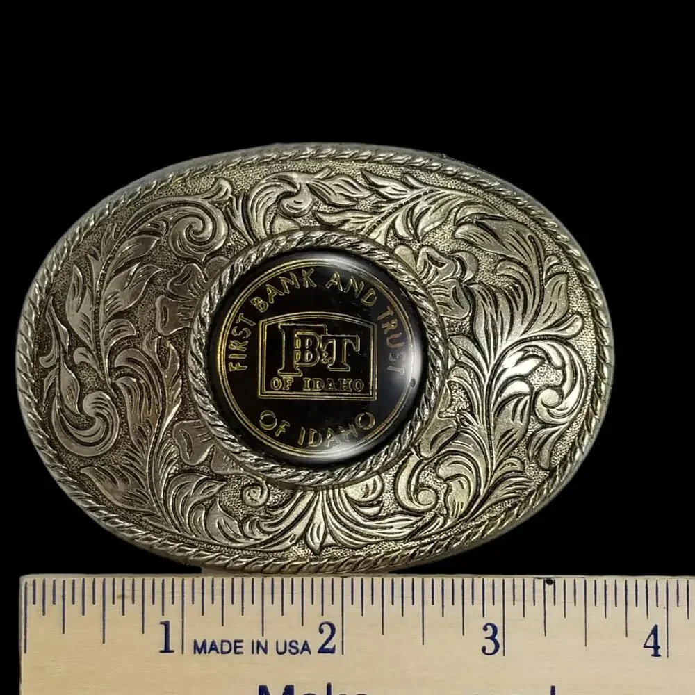 VTG FB&T Belt Buckle First Bank And Trust Of Idaho Western Filigree‎ Rope Edge